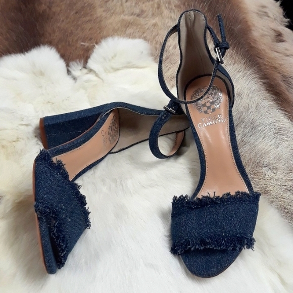 Vince Camuto/ Mid Blue Frayed Denim Chunky Heeled Sandals Size 5M - Picture 3 of 8